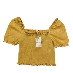Hem & Thread Puff Sleeve Smocked Crop Top M Yellow Hippie Boho Summer Blouse New